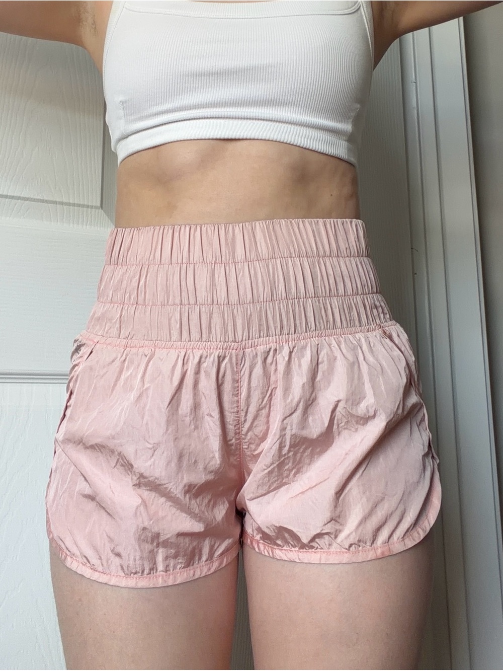 Free People High-Waist Smocked Pink Athletic Shorts